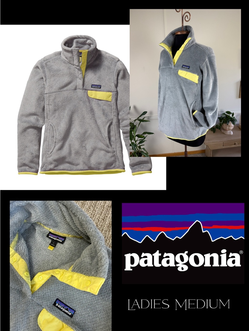 Patagonia Gray Fleece Pullover with Yellow Accents - Ladies Medium
